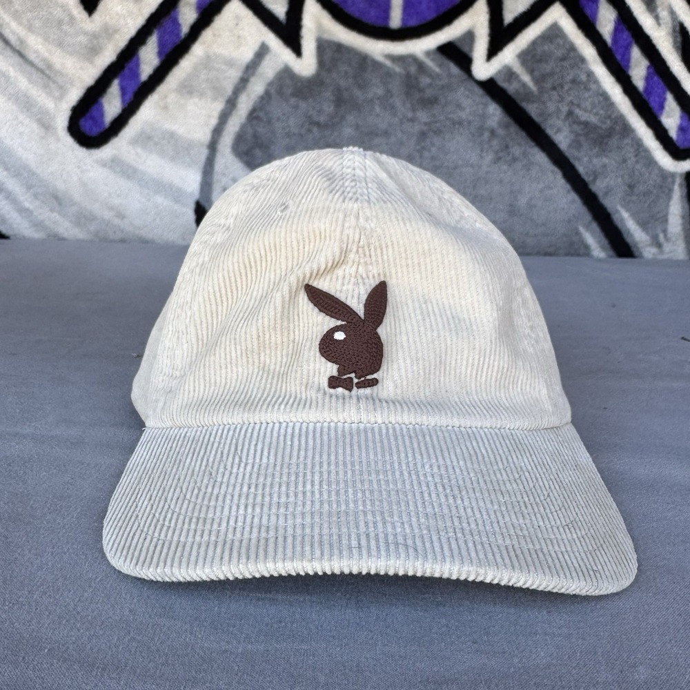 Playboy Beige Wheat Bunny Logo Corduroy Adjustable Strapback Dad Hat Cap